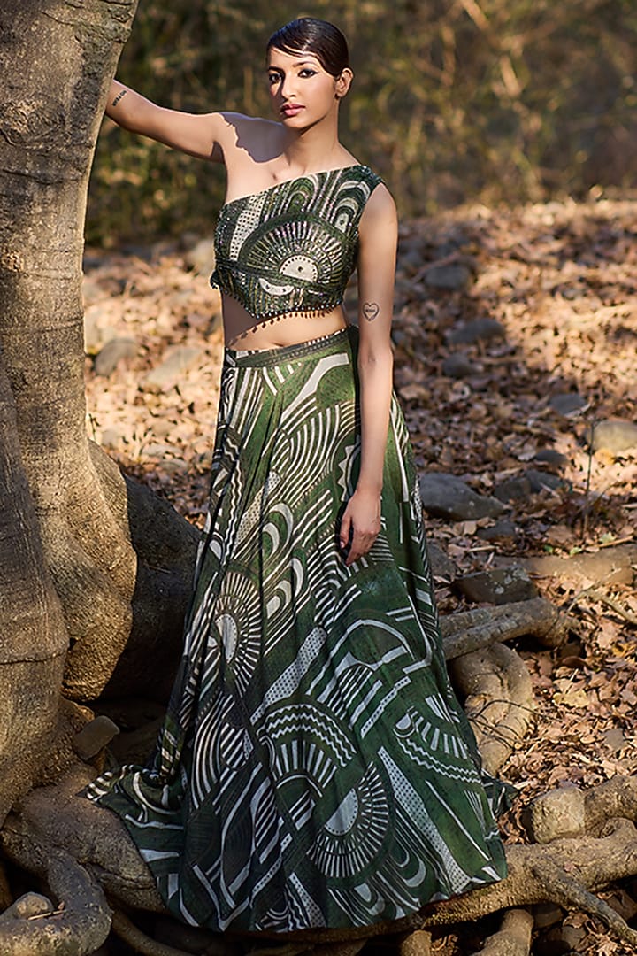 Olive Green Mul Silk Geometric Printed & Hand Embroidered Wedding Lehenga Set by Nirmooha at Pernia's Pop Up Shop