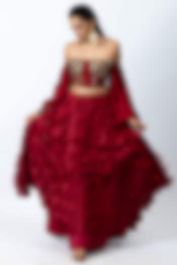 Red Fringe Chiffon Skirt Set by Nirmooha