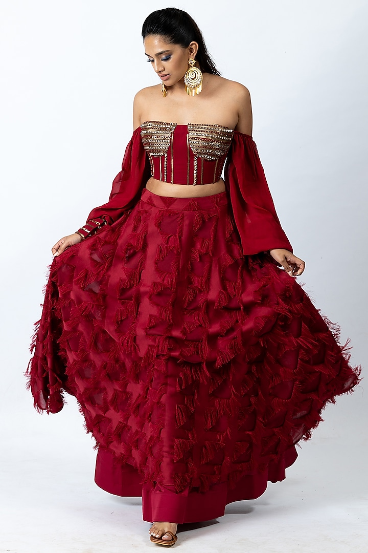 Red Fringe Chiffon Skirt Set by Nirmooha