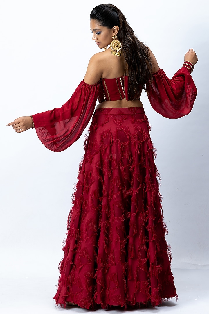 Red Fringe Chiffon Skirt Set by Nirmooha at Pernia's Pop Up Shop 2025