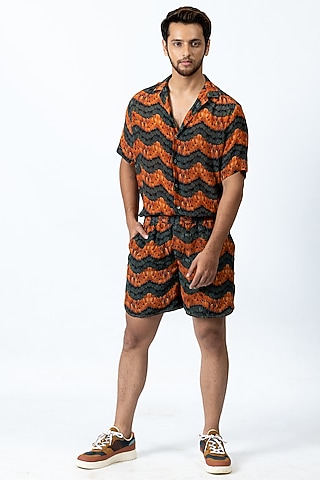 Olive Green & Burnt Orange Printed Pant Set by Nirmooha Men
