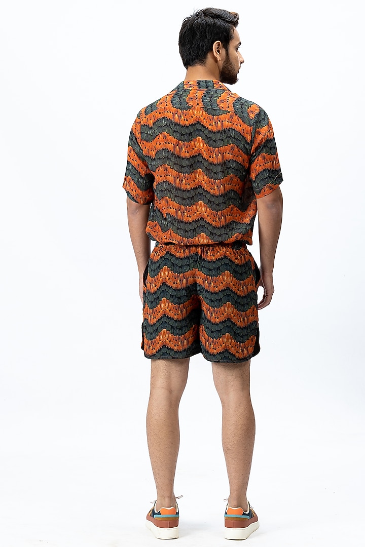 Olive Green & Burnt Orange Printed Pant Set by Nirmooha Men at Pernia's Pop Up Shop