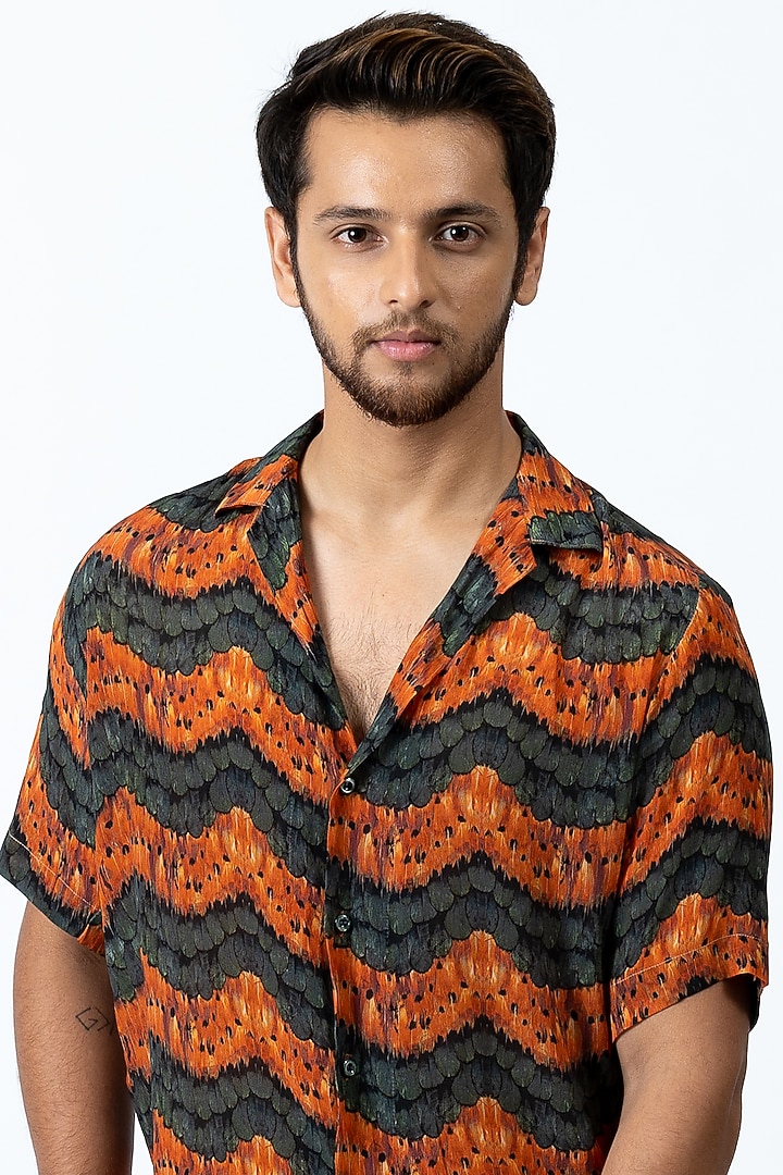 Olive Green & Burnt Orange Printed Pant Set by Nirmooha Men at Pernia's Pop Up Shop