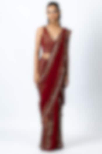 Red Hand Embroidered Draped Saree Set by Nirmooha