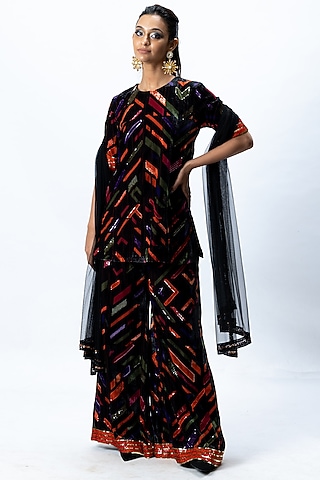 Black Printed Sharara Set by Nirmooha