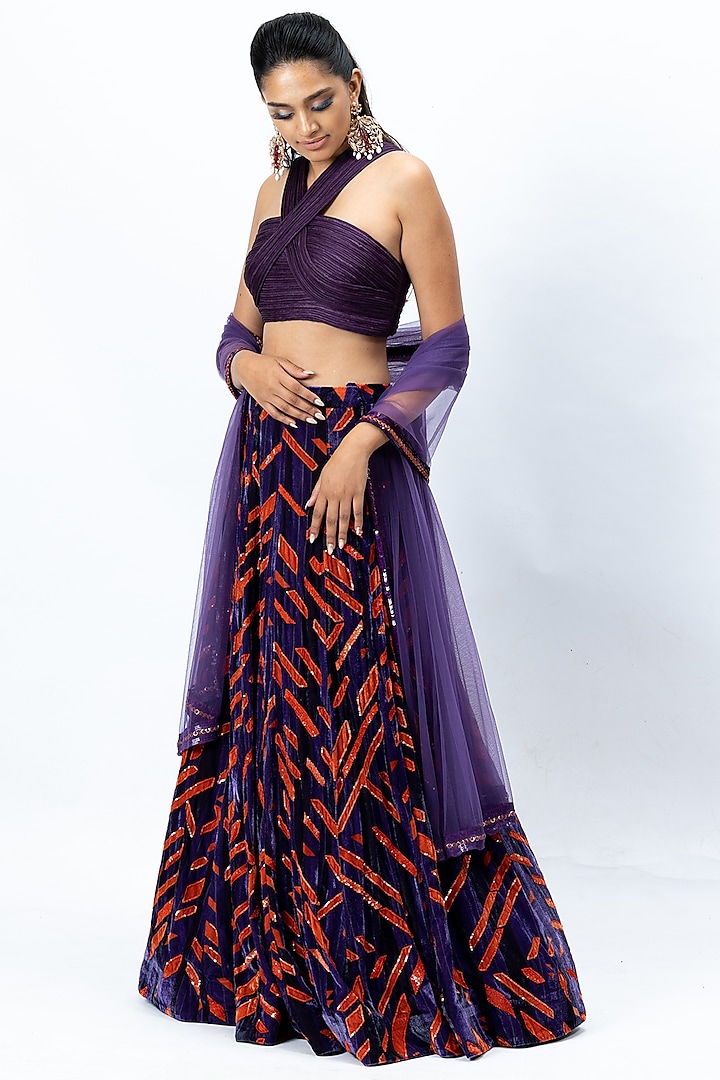 Violet & Burnt Orange Printed Lehenga Set by Nirmooha