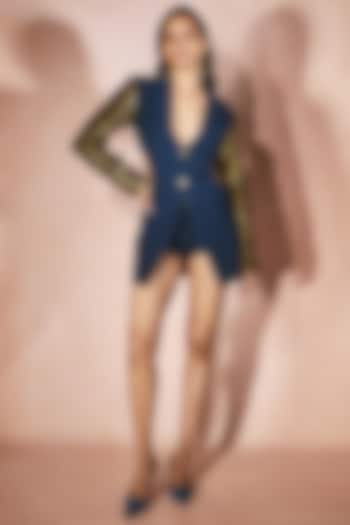 Midnight Blue Micro Hand Embroidered Blazer Party Wear Dress by Nirmooha at Pernia's Pop Up Shop