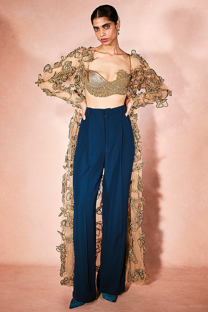 Molten Gold Tulle Hand Embroidered Jacket Set by Nirmooha at Pernia's Pop Up Shop