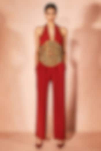 Orange Micro & Shimmer Jumpsuit With Belt by Nirmooha at Pernia's Pop Up Shop