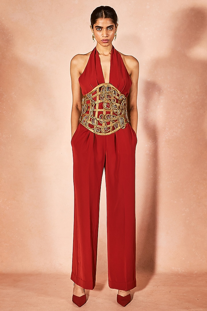 Orange Micro & Shimmer Jumpsuit With Belt by Nirmooha at Pernia's Pop Up Shop