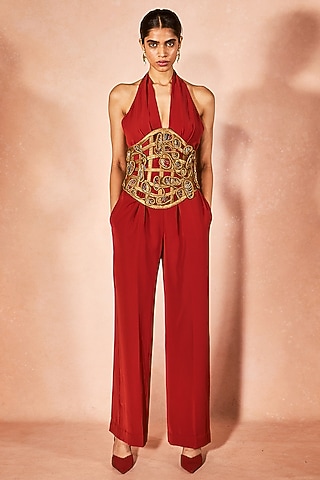 Orange Micro & Shimmer Jumpsuit With Belt by Nirmooha