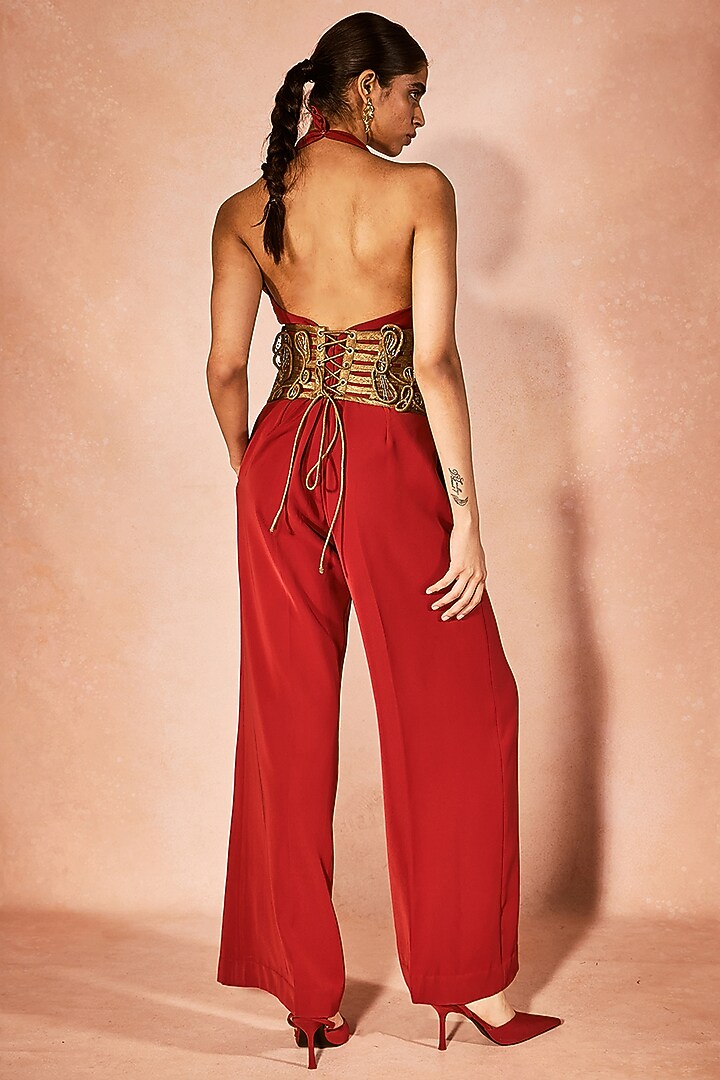 Orange Micro & Shimmer Jumpsuit With Belt by Nirmooha at Pernia's Pop Up Shop