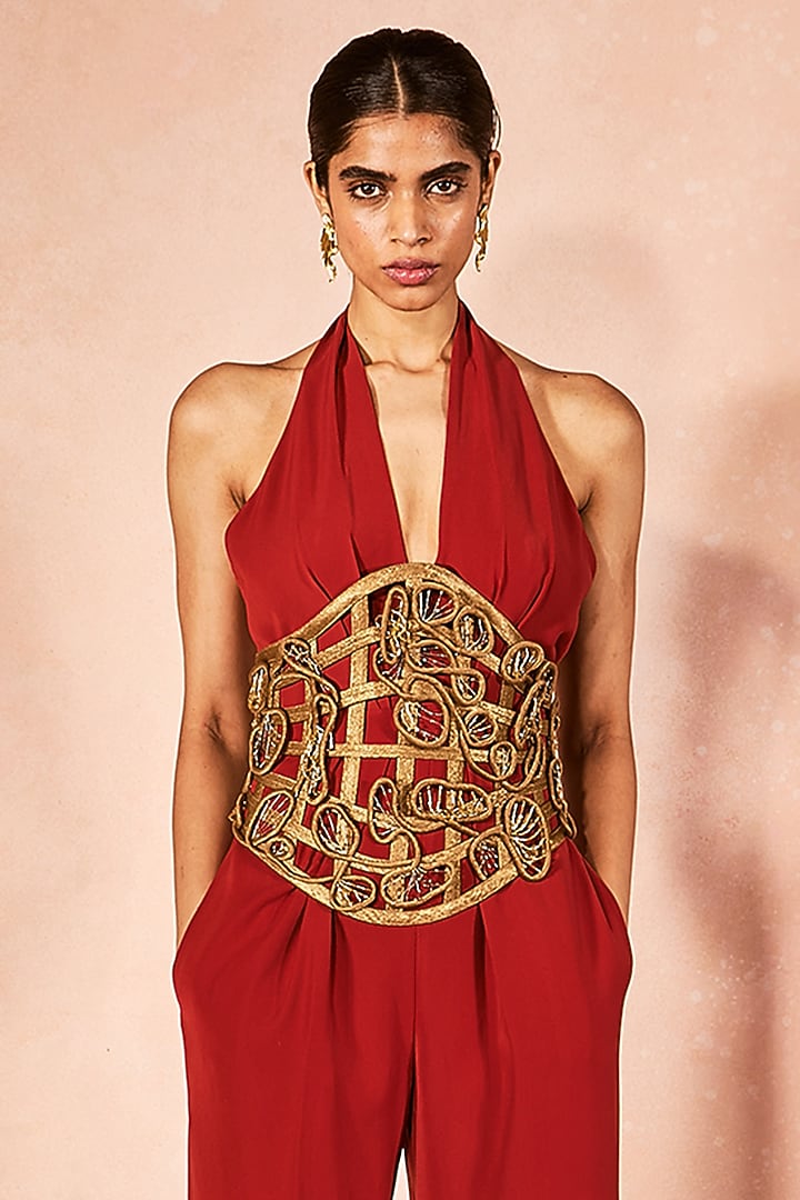 Orange Micro & Shimmer Jumpsuit With Belt by Nirmooha at Pernia's Pop Up Shop