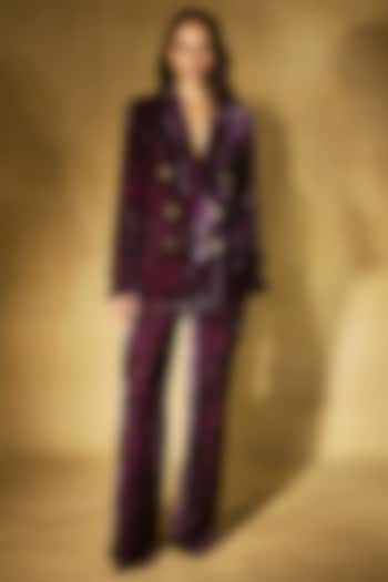 Deep Plum Velvet Printed Structured Blazer Set by Nirmooha at Pernia's Pop Up Shop
