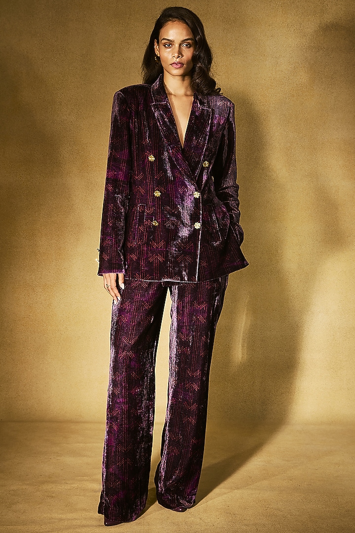 Deep Plum Velvet Printed Structured Blazer Set by Nirmooha at Pernia's Pop Up Shop