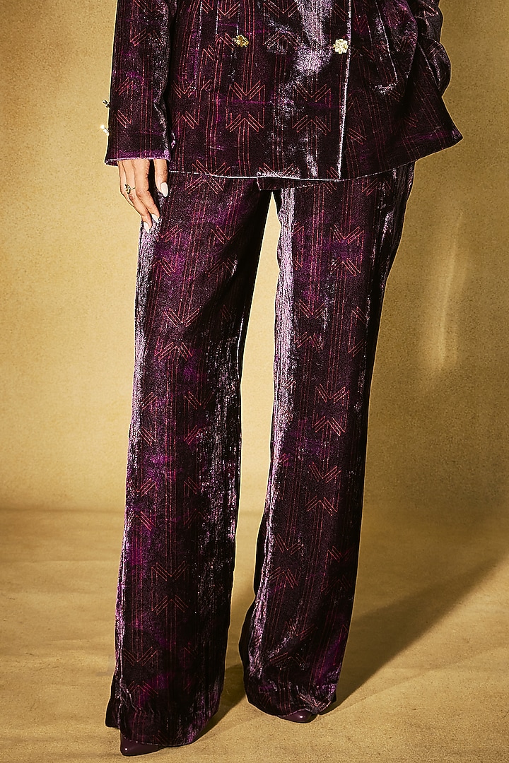 Deep Plum Velvet Printed Structured Blazer Set by Nirmooha at Pernia's Pop Up Shop