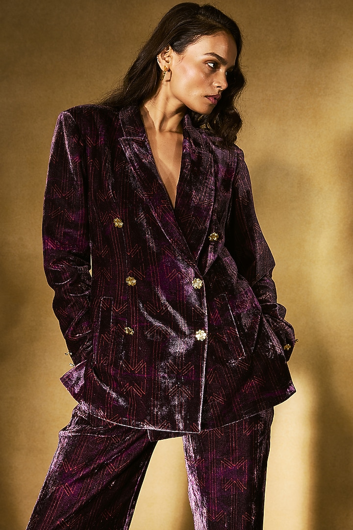Purple Velvet Printed Blazer Velvet Floral Blazer (ML107) Lapis