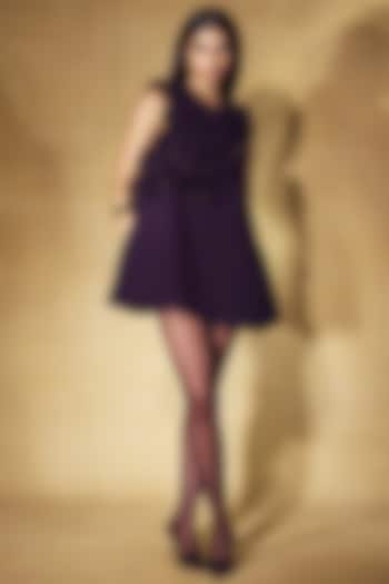Deep Plum Micro 3D Embroidered Ruffled Shift Cocktail Dress by Nirmooha at Pernia's Pop Up Shop