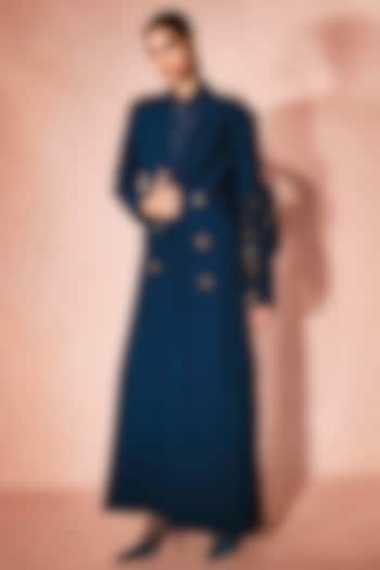 Midnight Blue Georgette 3D Embroidered Trench Coat Set by Nirmooha at Pernia's Pop Up Shop