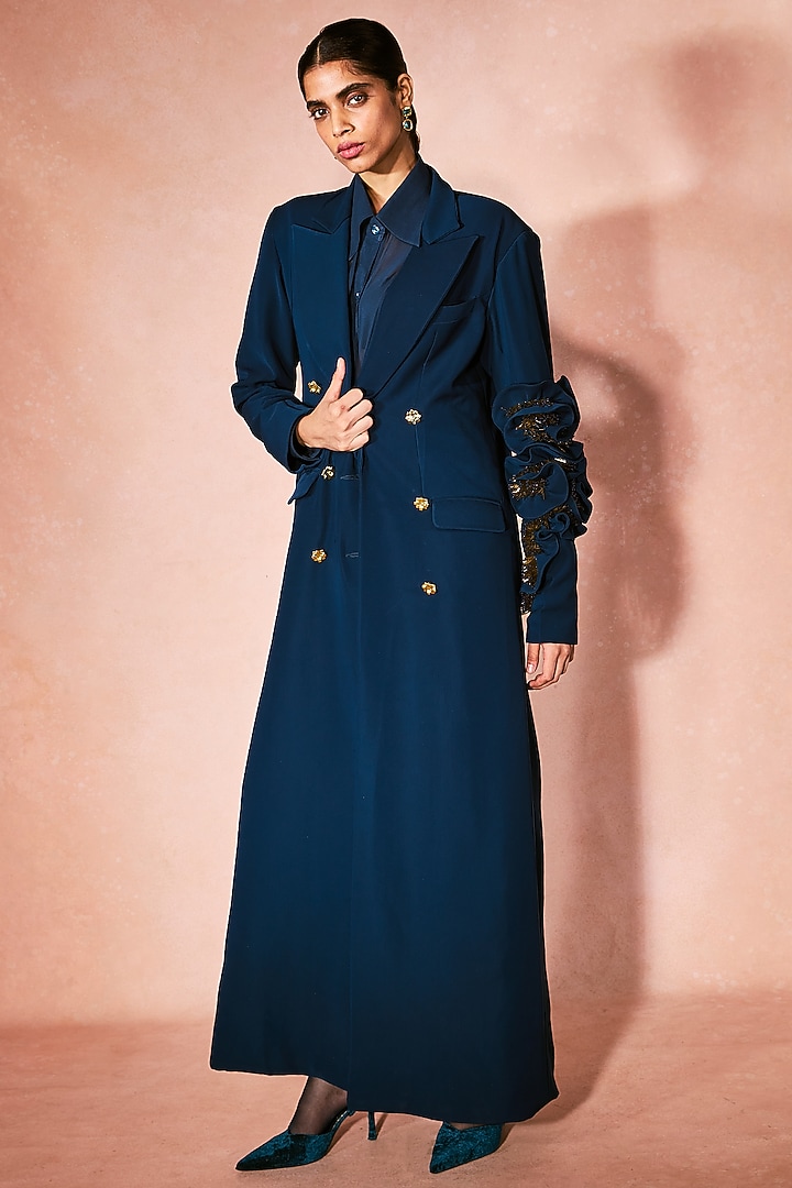 Midnight Blue Georgette 3D Embroidered Trench Coat Set by Nirmooha at Pernia's Pop Up Shop