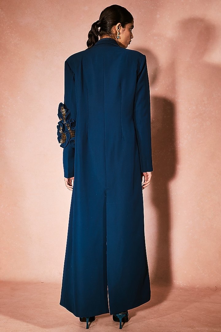 Midnight Blue Georgette 3D Embroidered Trench Coat Set by Nirmooha at Pernia's Pop Up Shop