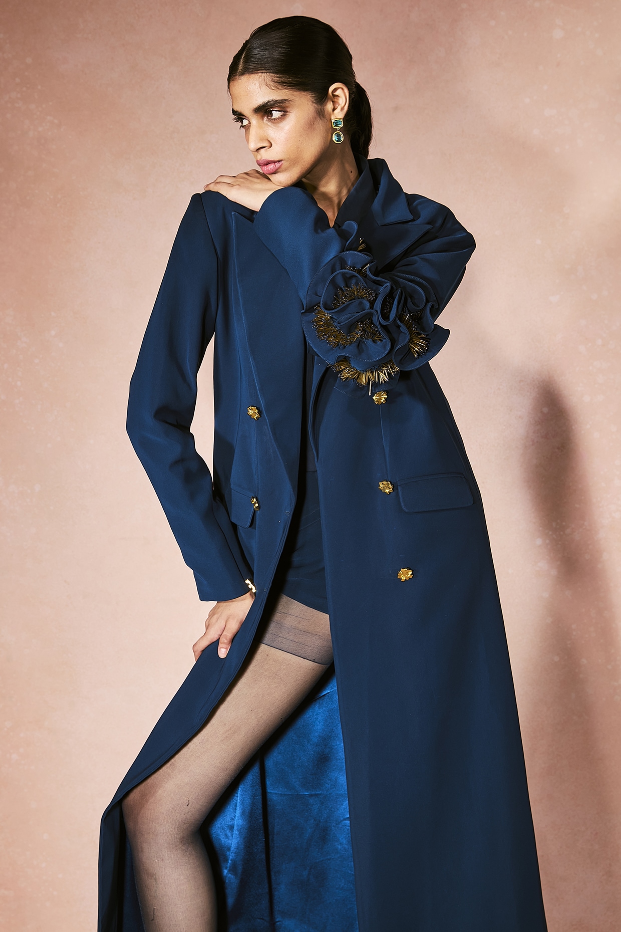 Midnight Blue Georgette 3D Embroidered Trench Coat Set by Nirmooha Midnight Blue Georgette 3D Embroidered Trench Coat Set by Nirmooha