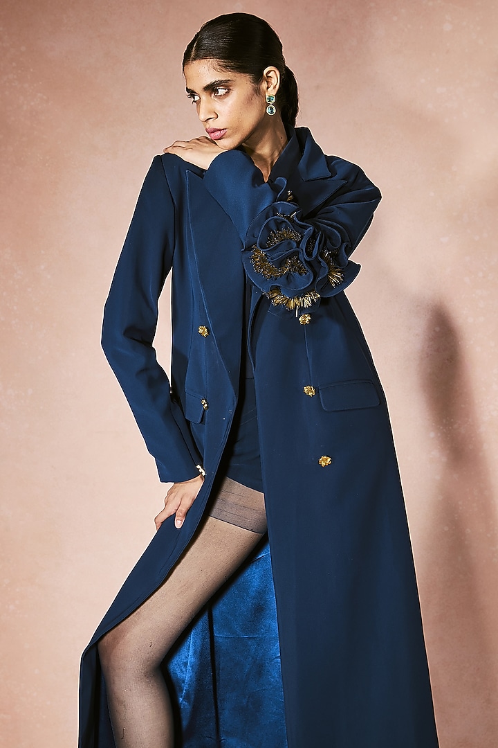 Midnight Blue Georgette 3D Embroidered Trench Coat Set by Nirmooha at Pernia's Pop Up Shop