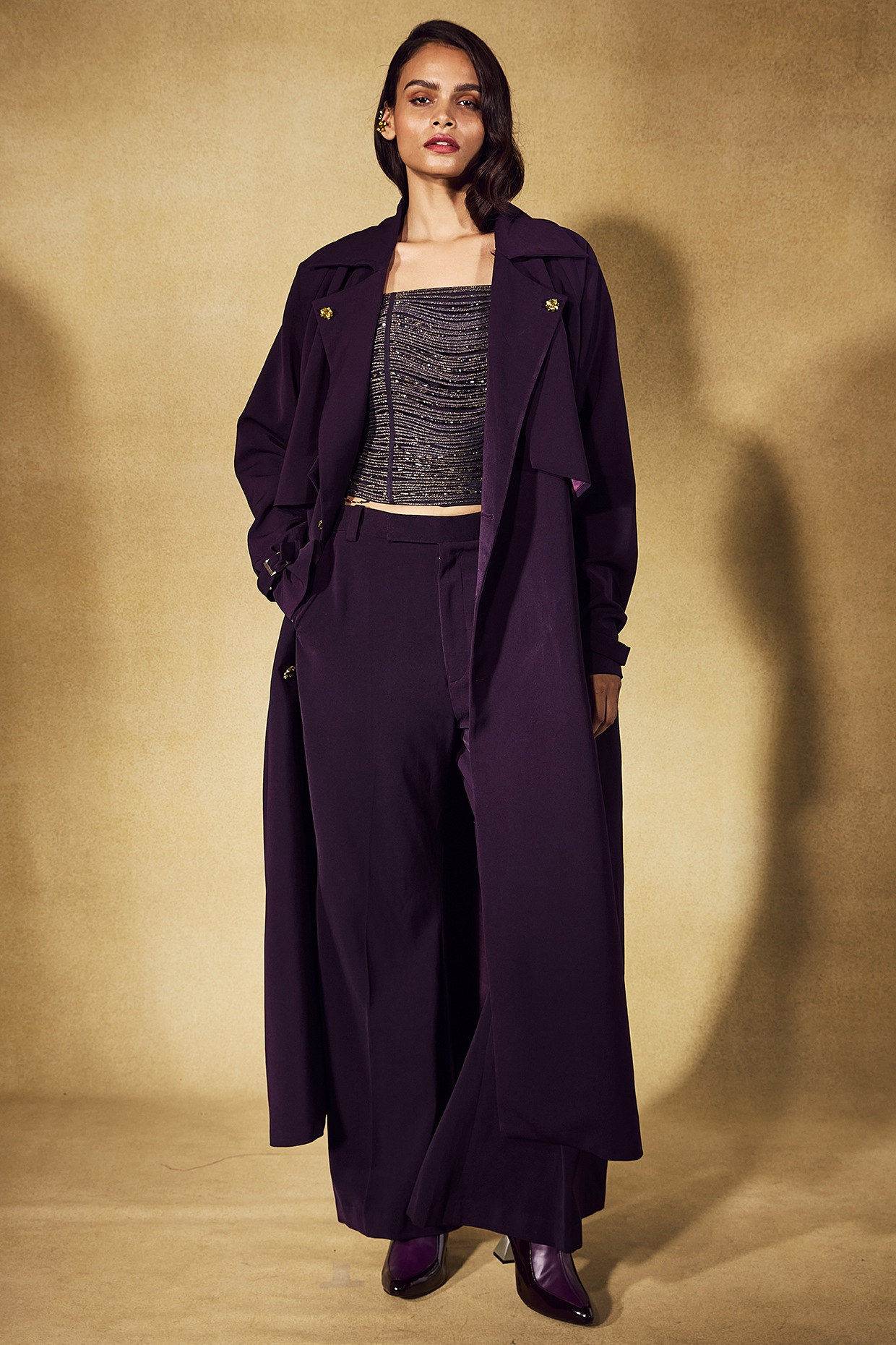 Purple Georgette Cord Embroidered Trench Coat Set by Nirmooha at