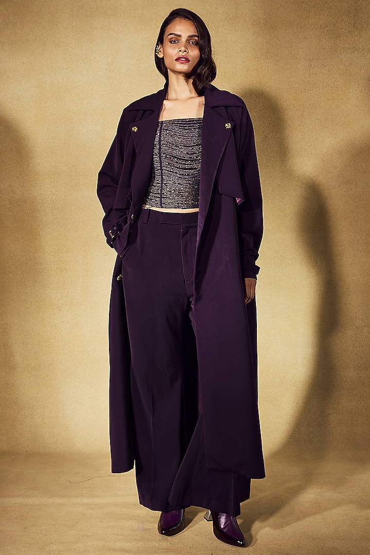 Purple Georgette Cord Embroidered Trench Coat Set by Nirmooha at Pernia's Pop Up Shop