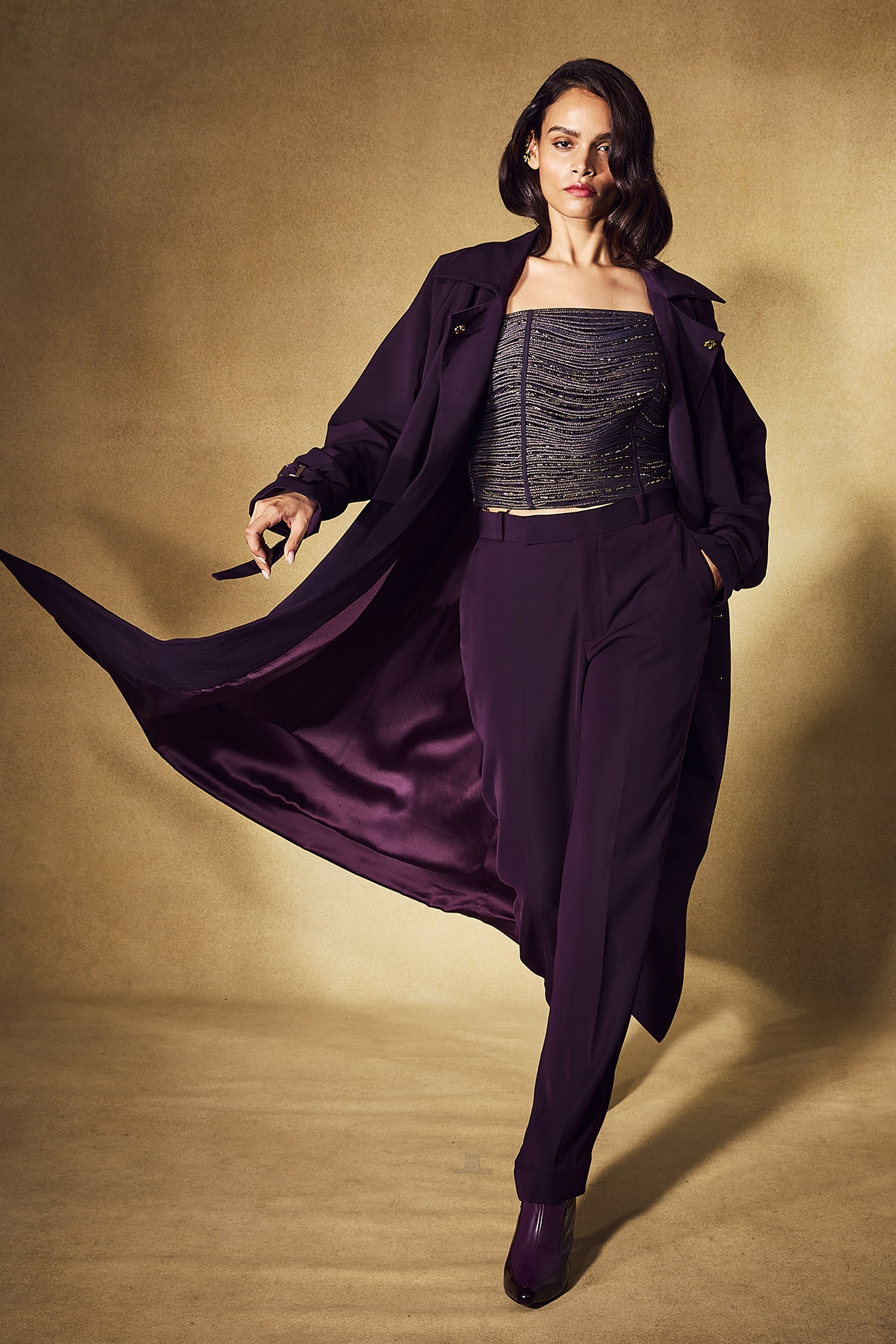 Purple Georgette Cord Embroidered Trench Coat Set by Nirmooha at