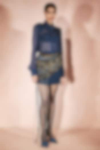 Midnight Blue Georgette 3D Embroidered Mini Skirt Set by Nirmooha at Pernia's Pop Up Shop
