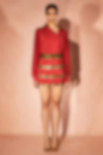 Orange Crepe Gold Embroidered Mini Skirt Set by Nirmooha at Pernia's Pop Up Shop