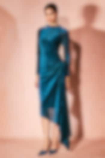 Midnight Blue Velvet Mesh Draped Midi Vacation Dress by Nirmooha at Pernia's Pop Up Shop