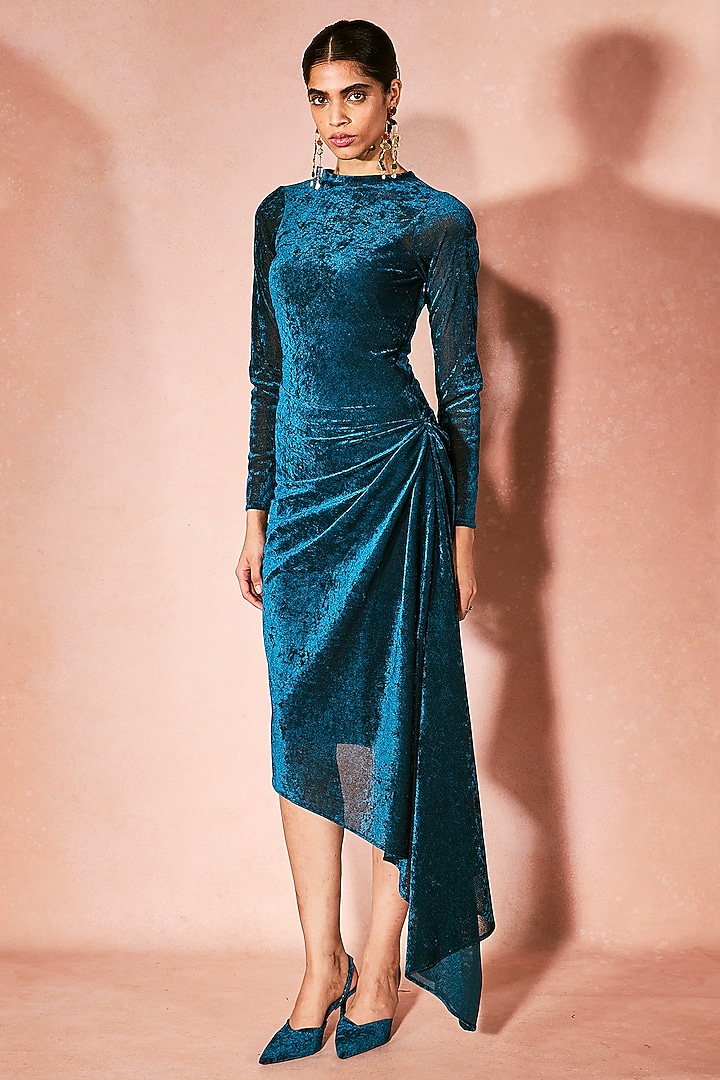 Midnight Blue Velvet Mesh Draped Midi Vacation Dress by Nirmooha at Pernia's Pop Up Shop