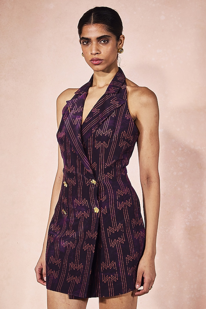 Purple Crepe Monogram Printed Halter-Neck Vacation Dress by Nirmooha at Pernia's Pop Up Shop