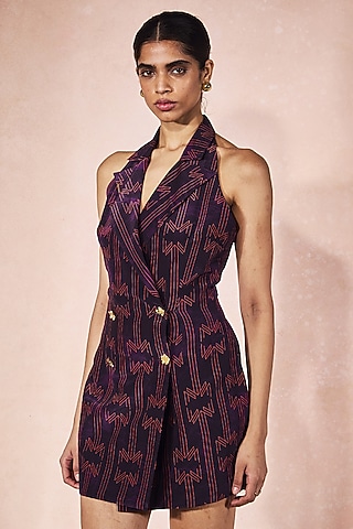 Purple Crepe Monogram Printed Halter-Neck Dress by Nirmooha