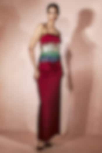 Crimson Red Satin Embroidered Cocktail Dress by Nirmooha at Pernia's Pop Up Shop