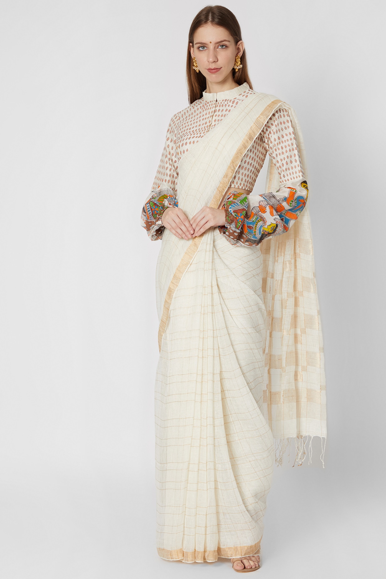 White Pure Linen Saree With Silver Border - Andloo