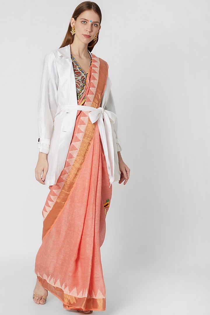 Multi Colored Linen Striped Saree by Nirmooha