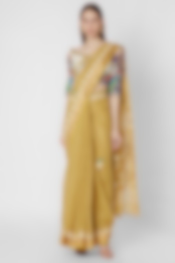 Mustard Yellow Embroidered & Painted Saree by Nirmooha