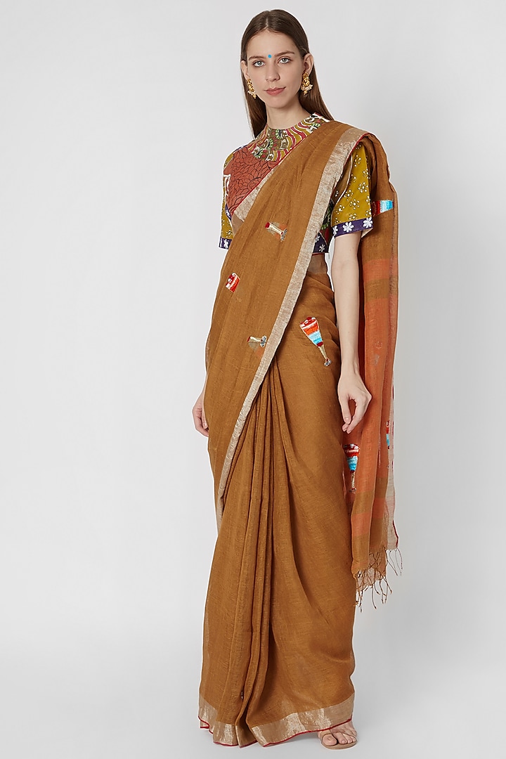 Brown Striped Linen Saree by Nirmooha