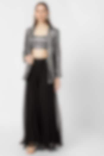 Black and Silver Embellished Crop Top With Skirt & Jacket by Nirmooha