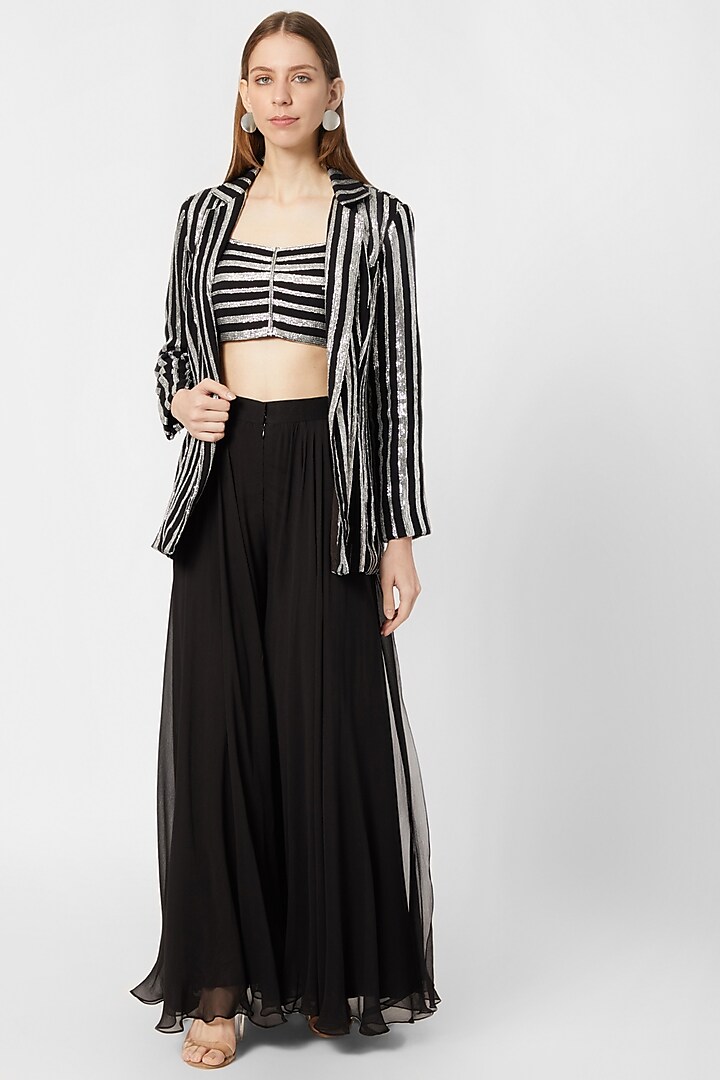 Black and Silver Embellished Crop Top With Skirt & Jacket by Nirmooha