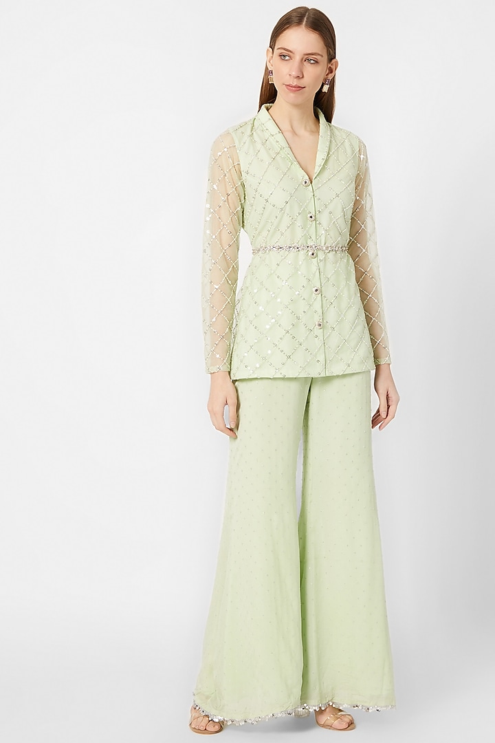 Sage Green Embellished Jacket & Pants With Belt by Nirmooha