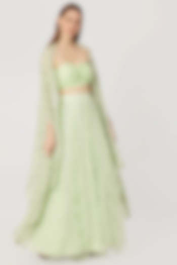 Green Lehenga Skirt With Bustier & Embellished Cape by Nirmooha