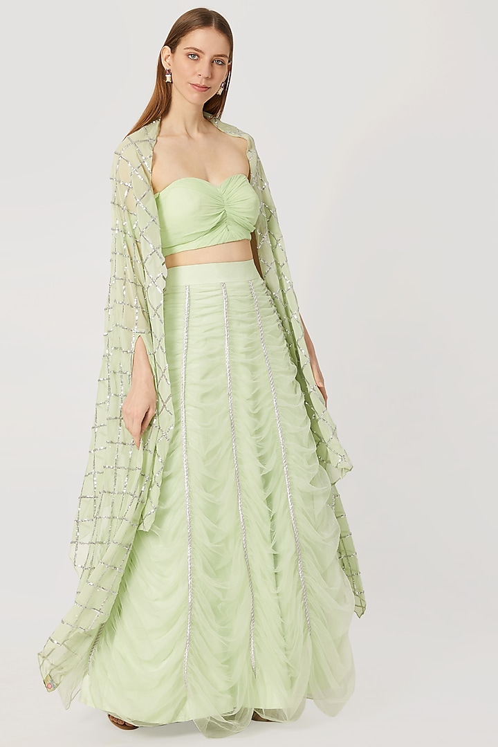 Green Lehenga Skirt With Bustier & Embellished Cape by Nirmooha