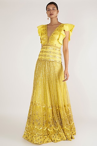 Lemon Yellow Embroidered gown by Nirmooha