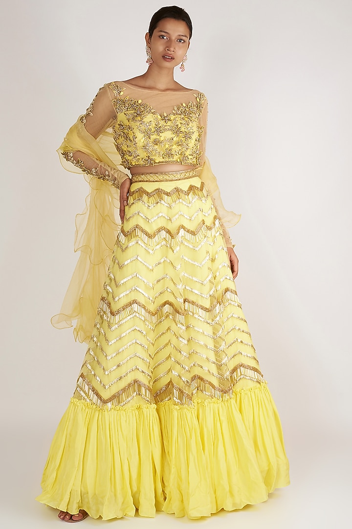 Lemon Yellow Embroidered Ghaghra Set by Nirmooha at Pernia's Pop Up Shop
