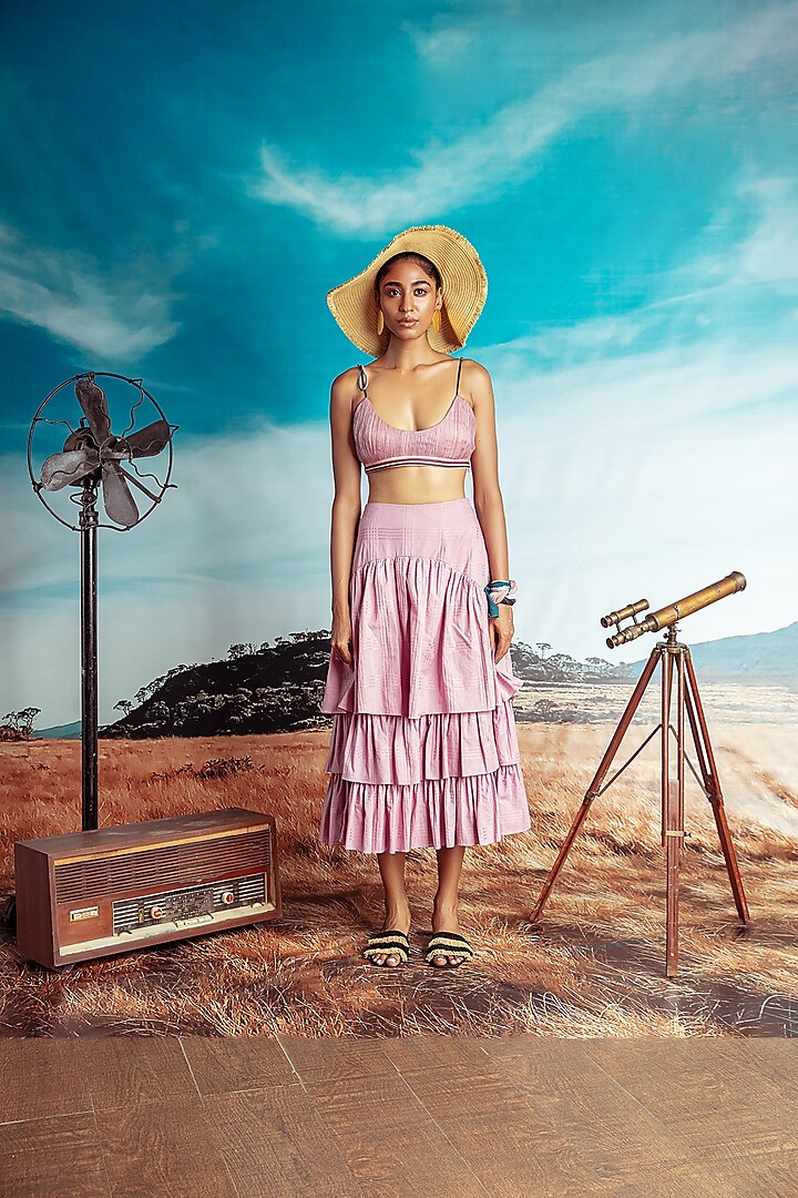 Dusty Pink Pleated & Printed Skirt Set by Nirmooha
