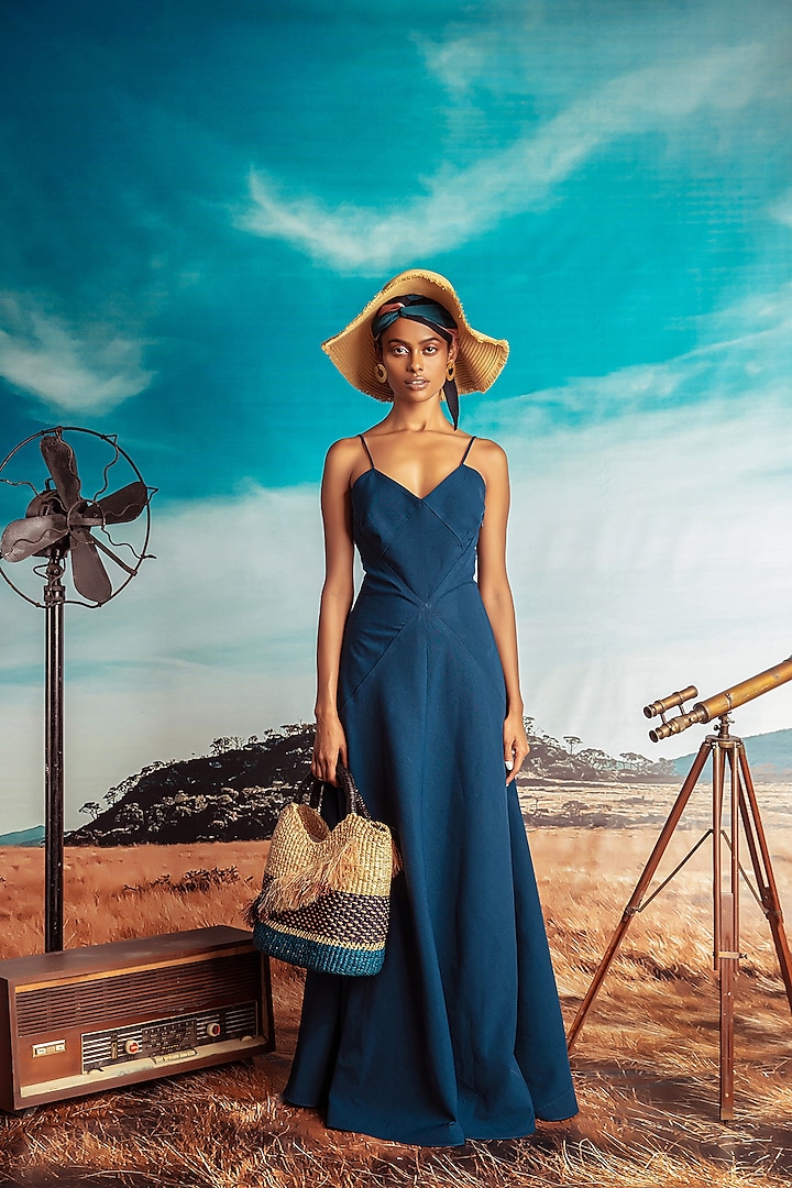 Teal Blue Textured Maxi Dress by Nirmooha
